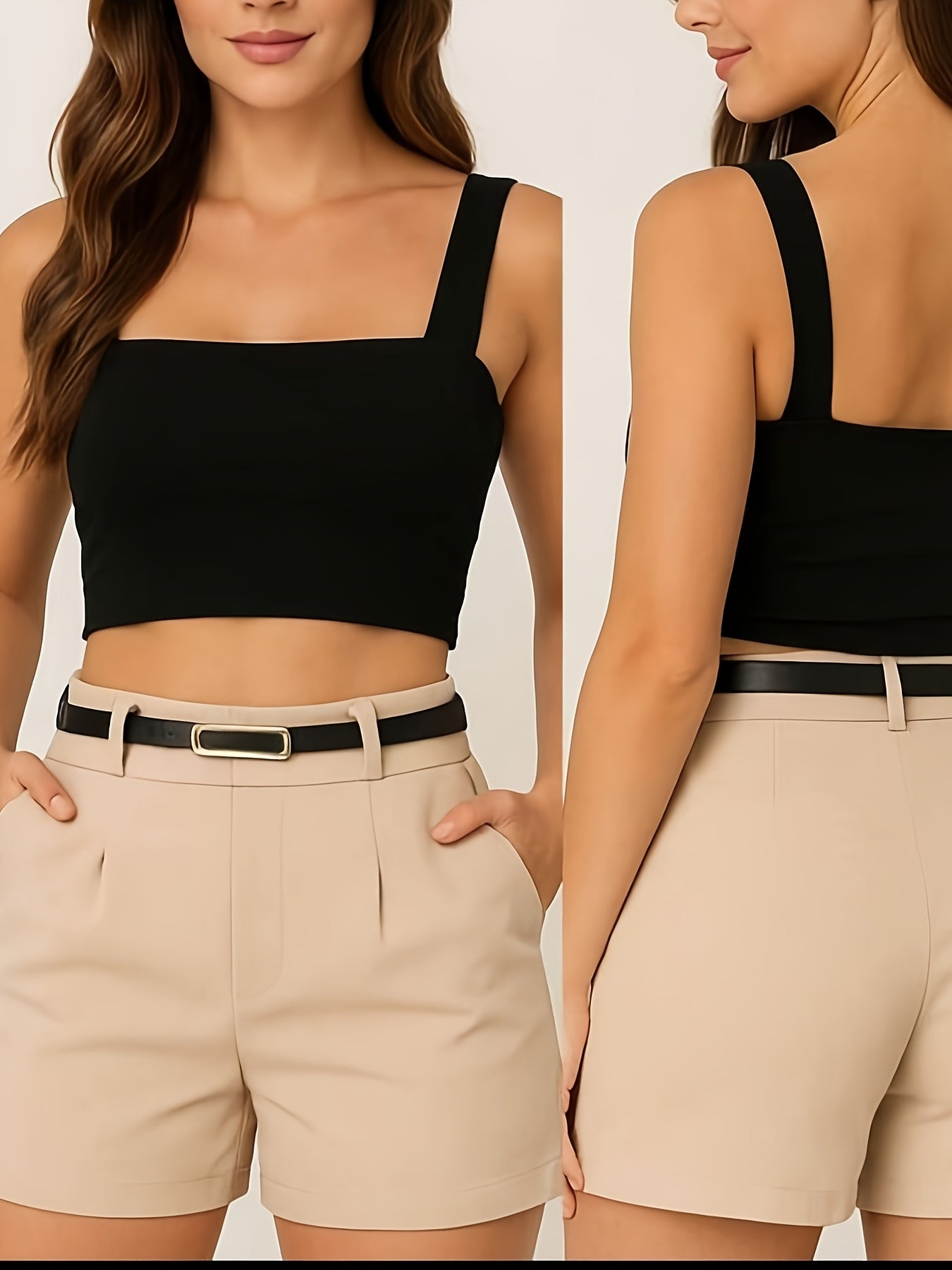 Damen Elegantes Crop Top und Shorts Set mit Gürtel – Stilvolles Sommer Outfit für Freizeit und Alltag