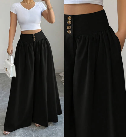 Damen Weite Palazzo-Hose mit High Waist und Knopfdetails – Elegante Freizeit- und Ausgeh-Hose