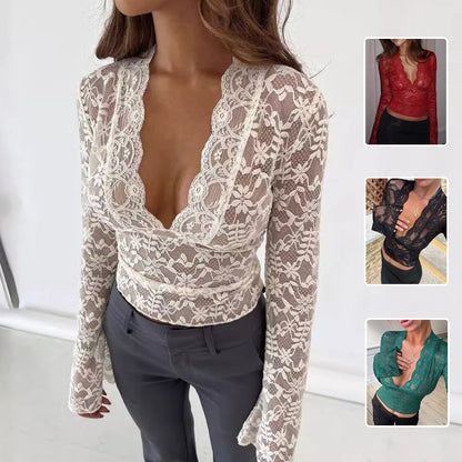 Juliet – Blumen-Spitzen Langarmshirt Y2K Mode Schlankes Unterziehshirt