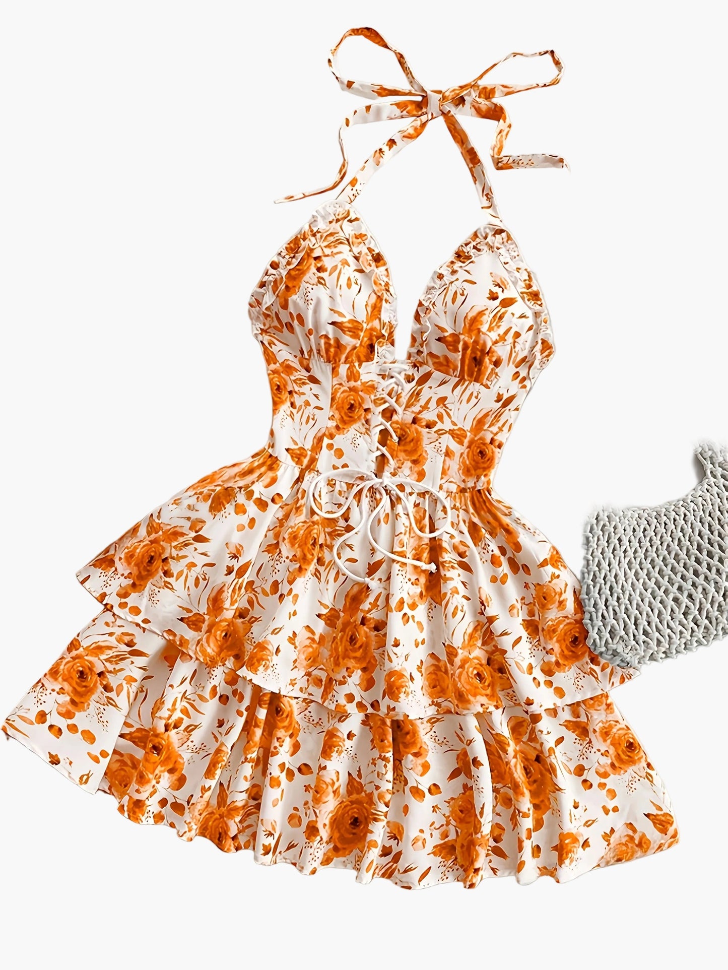 Damen Mini Kleid mit Rosenmuster und Volants – Elegantes Halterneck Sommerkleid für romantische Anlässe
