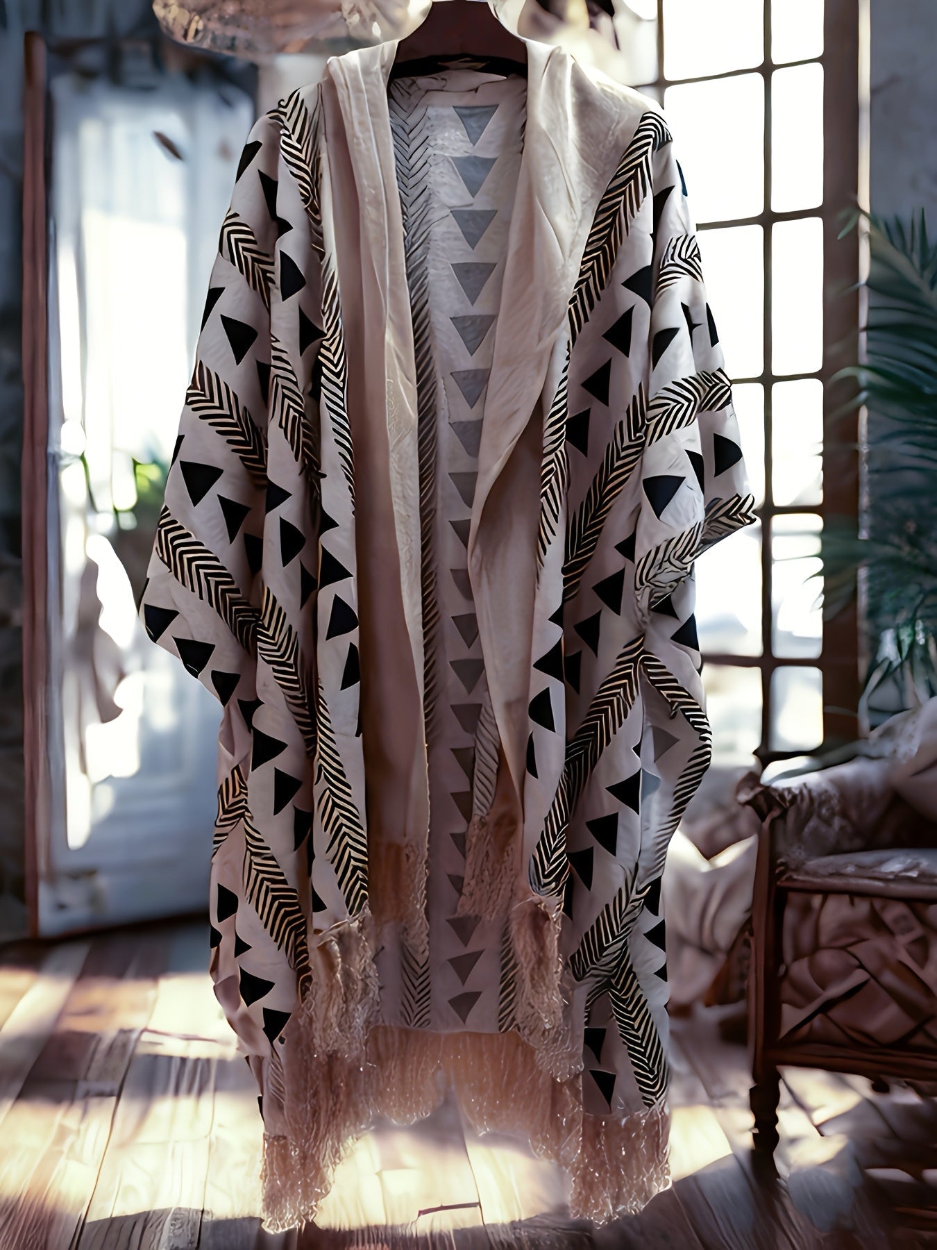 Herren Boho Poncho mit Kapuze und geometrischem Muster – Strand & Festival Überwurf