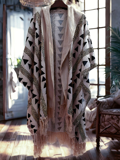 Herren Boho Poncho mit Kapuze und geometrischem Muster – Strand & Festival Überwurf