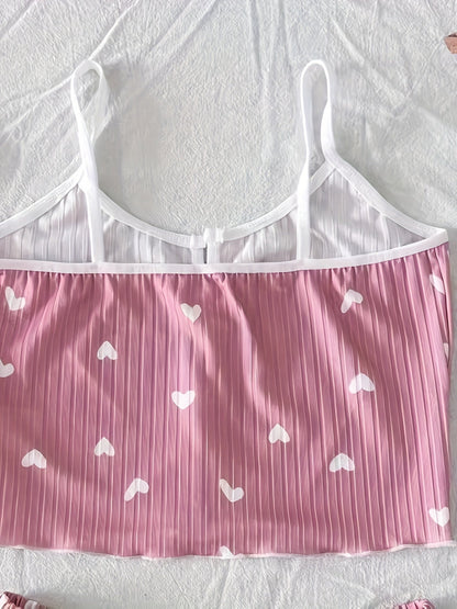 Damen Pyjama Set mit Herzchen-Muster und Schleifen – Zweiteiliger Schlafanzug, bequem & süß, ideal für Sommer