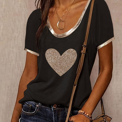 Damen T-Shirt mit Herzmotiv und Metallic-Details – Modisches Freizeitshirt, lässig und stilvoll