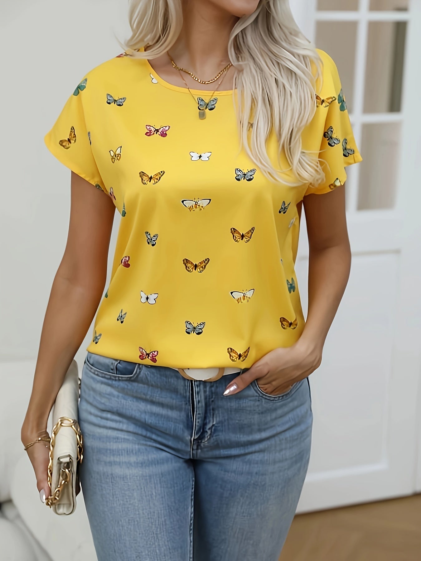 Damen Schmetterlingsprint Bluse – Modisches Sommer Top für Alltag & Freizeit