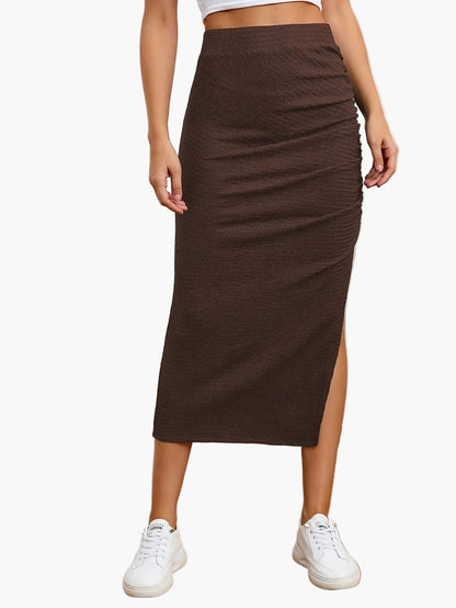 Damen Midirock mit Raffung und Schlitz – Eleganter, modischer Alltagsrock