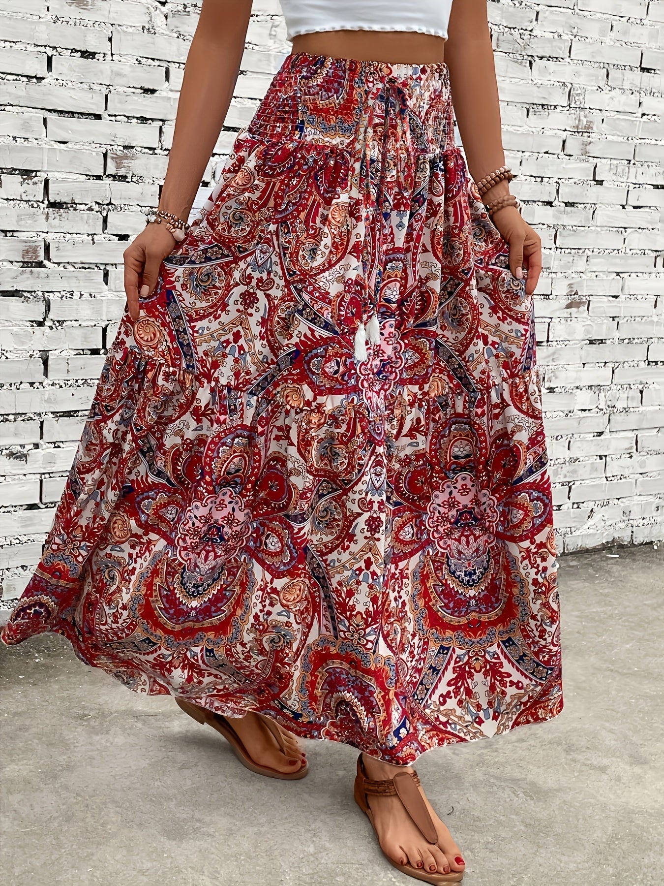 Damen Boho Maxirock mit Blumenmuster und Kordelzug – Sommer Freizeitrock für Strand und Alltag