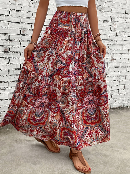Damen Boho Maxirock mit Blumenmuster und Kordelzug – Sommer Freizeitrock für Strand und Alltag