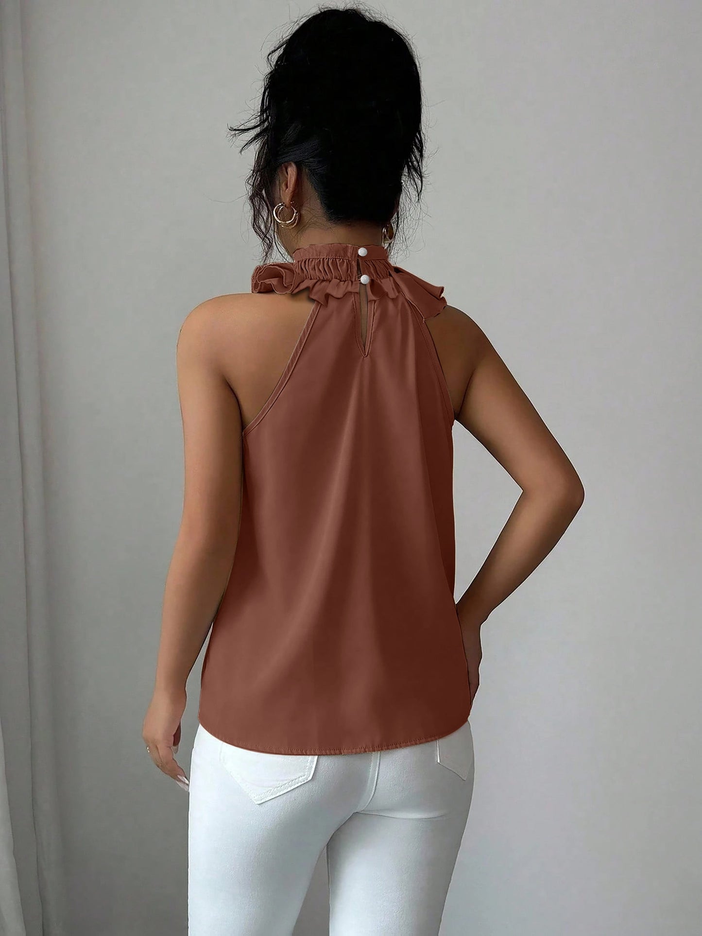 Damen Rüschenbluse mit Stehkragen – Elegante ärmellose Bluse für festliche Anlässe und Büro
