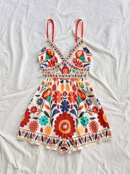 Damen Jumpsuit mit Blumenmuster und Spaghettiträgern – Verspielter Einteiler für Freizeit und Urlaub