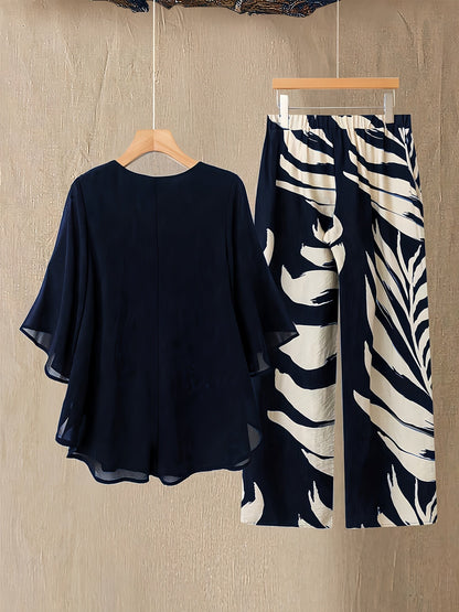 Damen Zweiteiler Set Elegant – Weite Hose mit Tropenmuster und Fließende Bluse, Perfekt für Urlaub und Sommer
