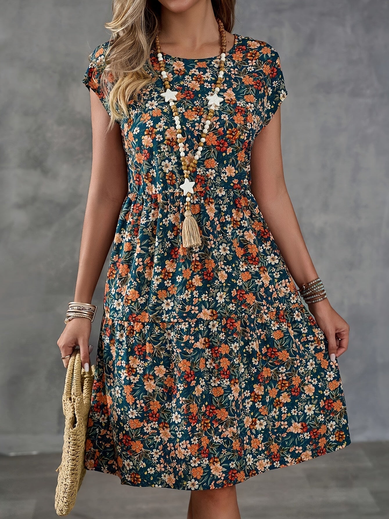 Damen Freizeitkleid mit Blumenmuster im Boho-Stil – Sommerkleid mit Kurzarm für Urlaub und Alltag