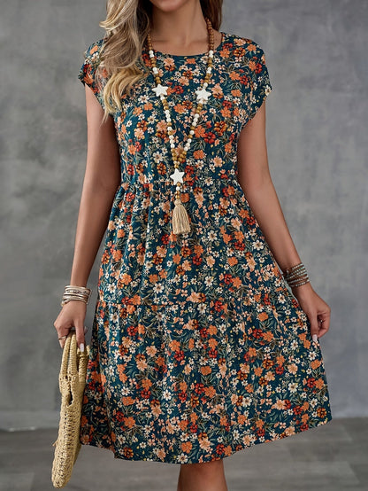 Damen Freizeitkleid mit Blumenmuster im Boho-Stil – Sommerkleid mit Kurzarm für Urlaub und Alltag