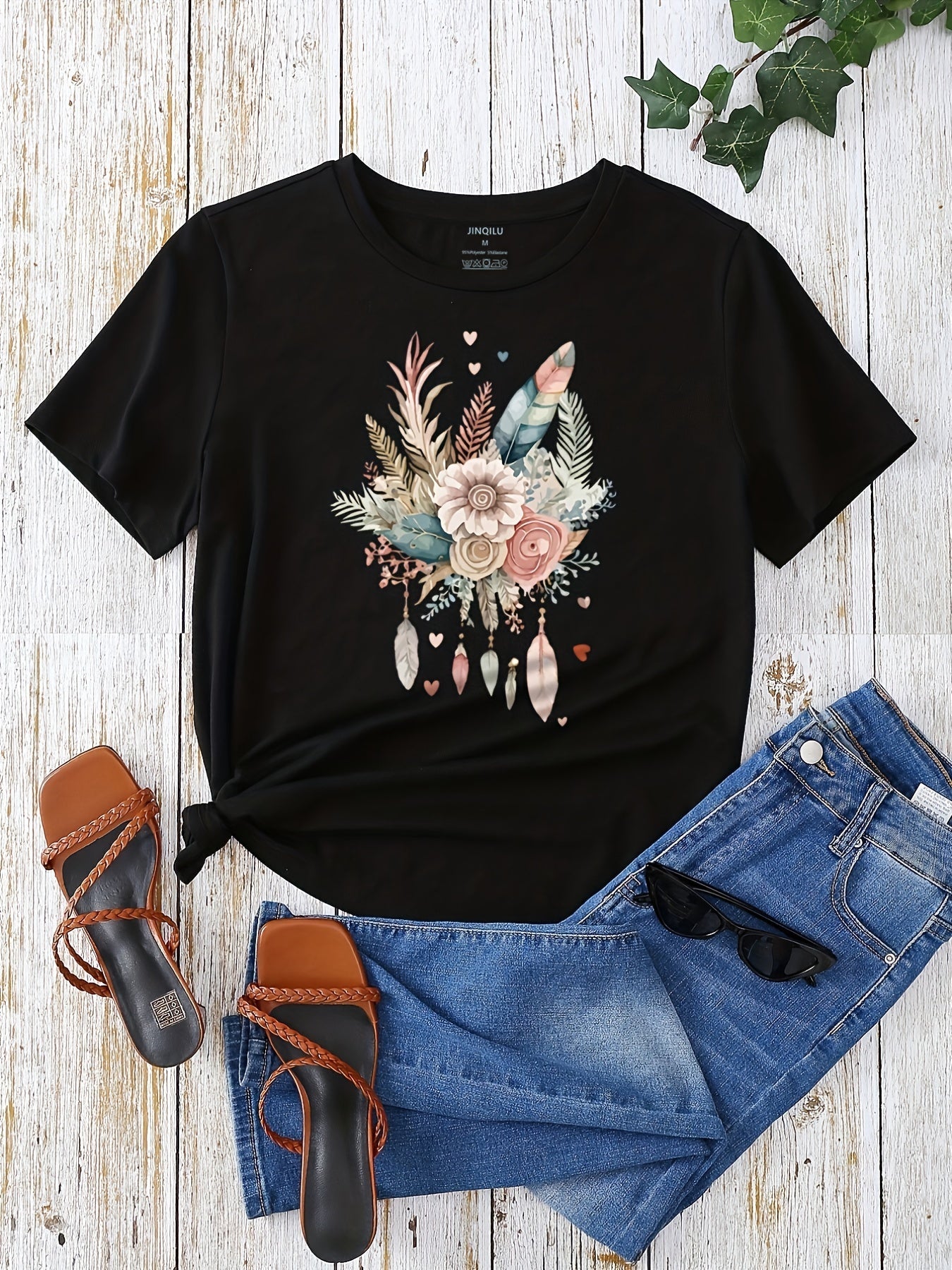 Damen T-Shirt mit Blumen- und Federprint, Casual Style, Ideal für Sommer und Freizeit