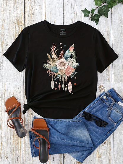 Damen T-Shirt mit Blumen- und Federprint, Casual Style, Ideal für Sommer und Freizeit