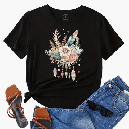 Damen T-Shirt mit Blumen- und Federprint, Casual Style, Ideal für Sommer und Freizeit