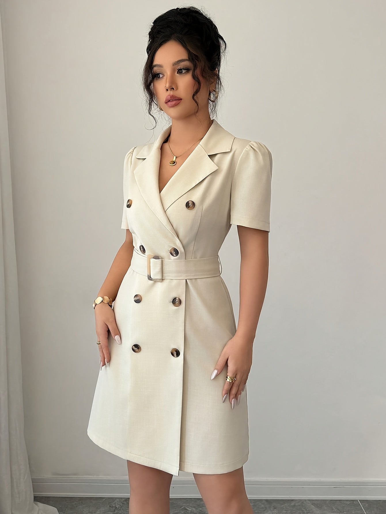 Damen Blazerkleid Elegant Business Kurzarm mit Gürtel – Stilvolles Sommerkleid für Büro & besondere Anlässe