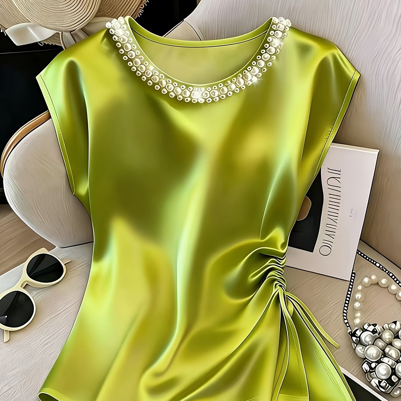Damen Elegante Satinbluse mit Perlenkragen und Raffdetails – Stilvolle Kurzarm-Bluse für festliche Anlässe