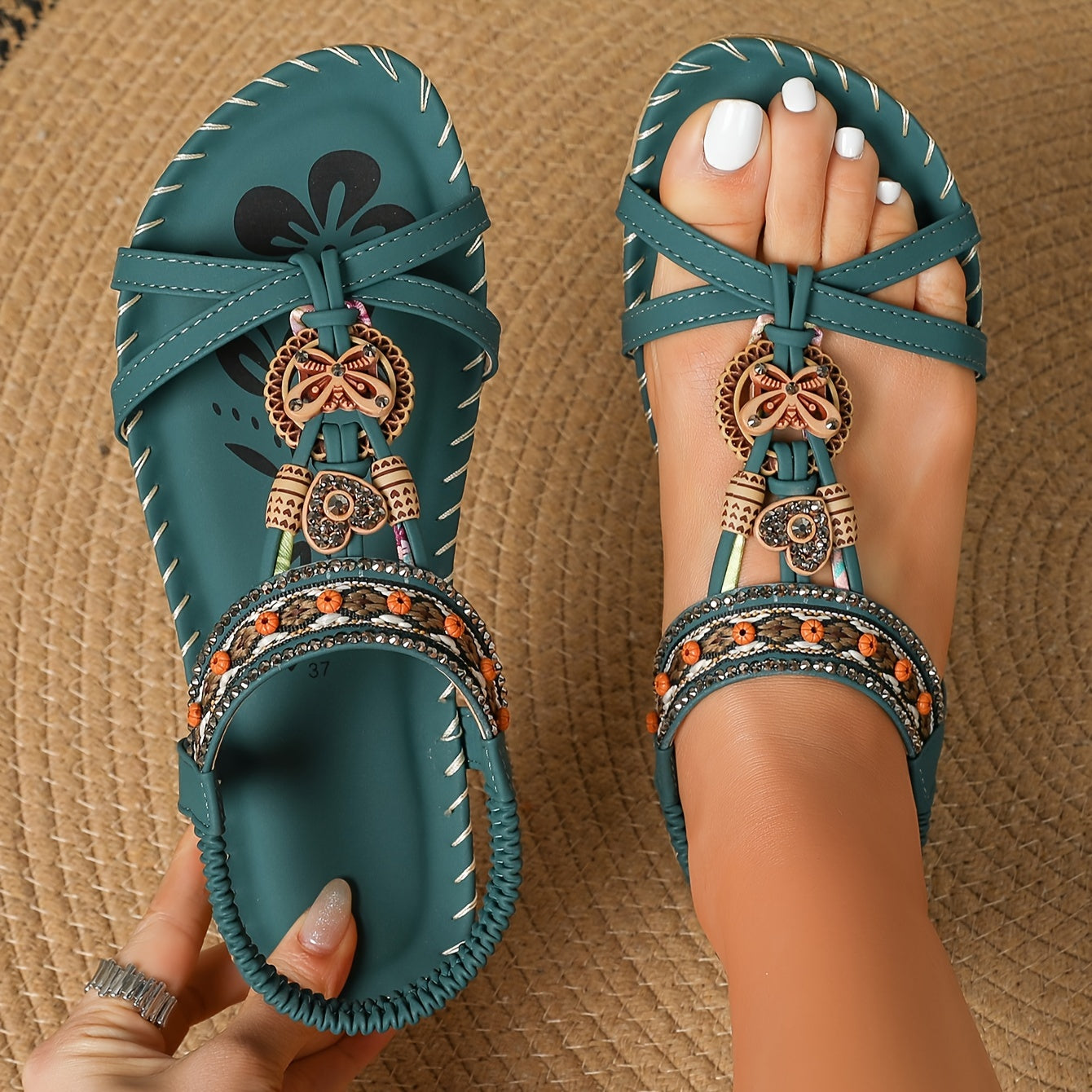 Damen Boho Sandalen mit Perlen und Ornamenten – Bequeme Sommerschuhe für Alltag & Urlaub