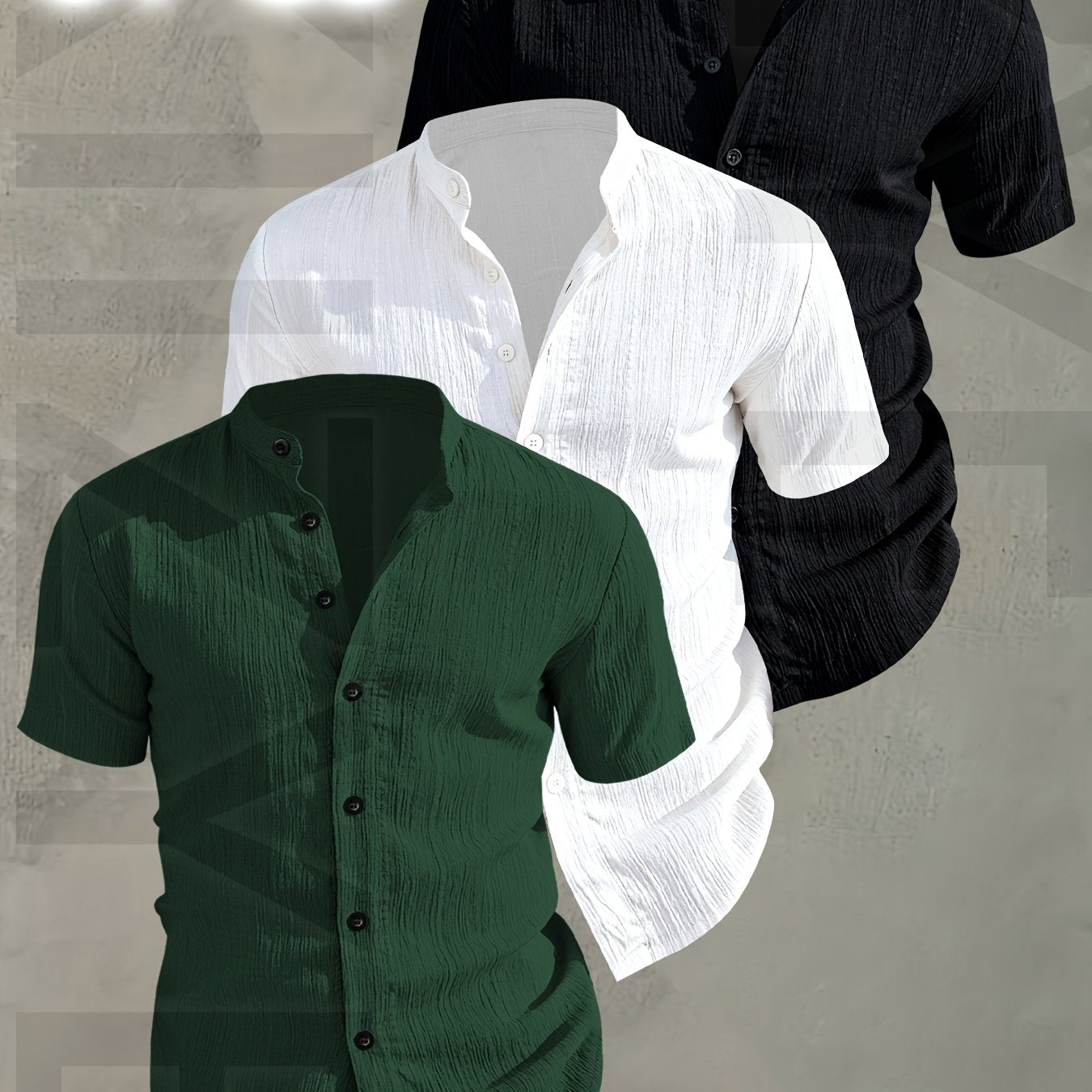 Herren 3er-Pack Freizeithemd mit Stehkragen, Kurzarm, Modernes Design, Knopfleiste