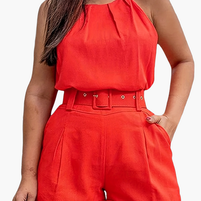 Damen Eleganter Zweiteiler Sommer-Shorts-Set mit Gürtel – Modischer Freizeit-Look