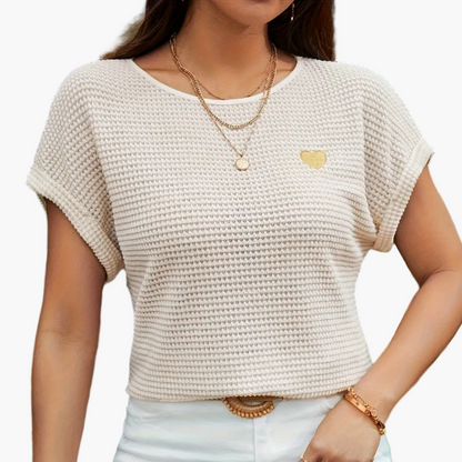 Damen Sommer Strickshirt mit Herz-Stickerei – Eleganter Freizeit-Look, Kurzarm, Ideal für Urlaub & Alltag