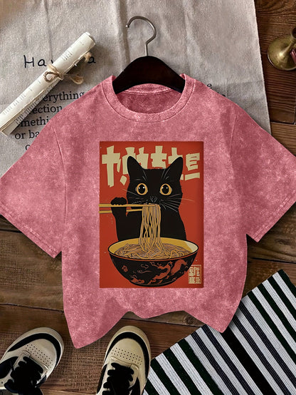 Damen Vintage T-Shirt mit Katzen- und Ramen-Print – Lustiges Streetwear Shirt für Alltag & Freizeit