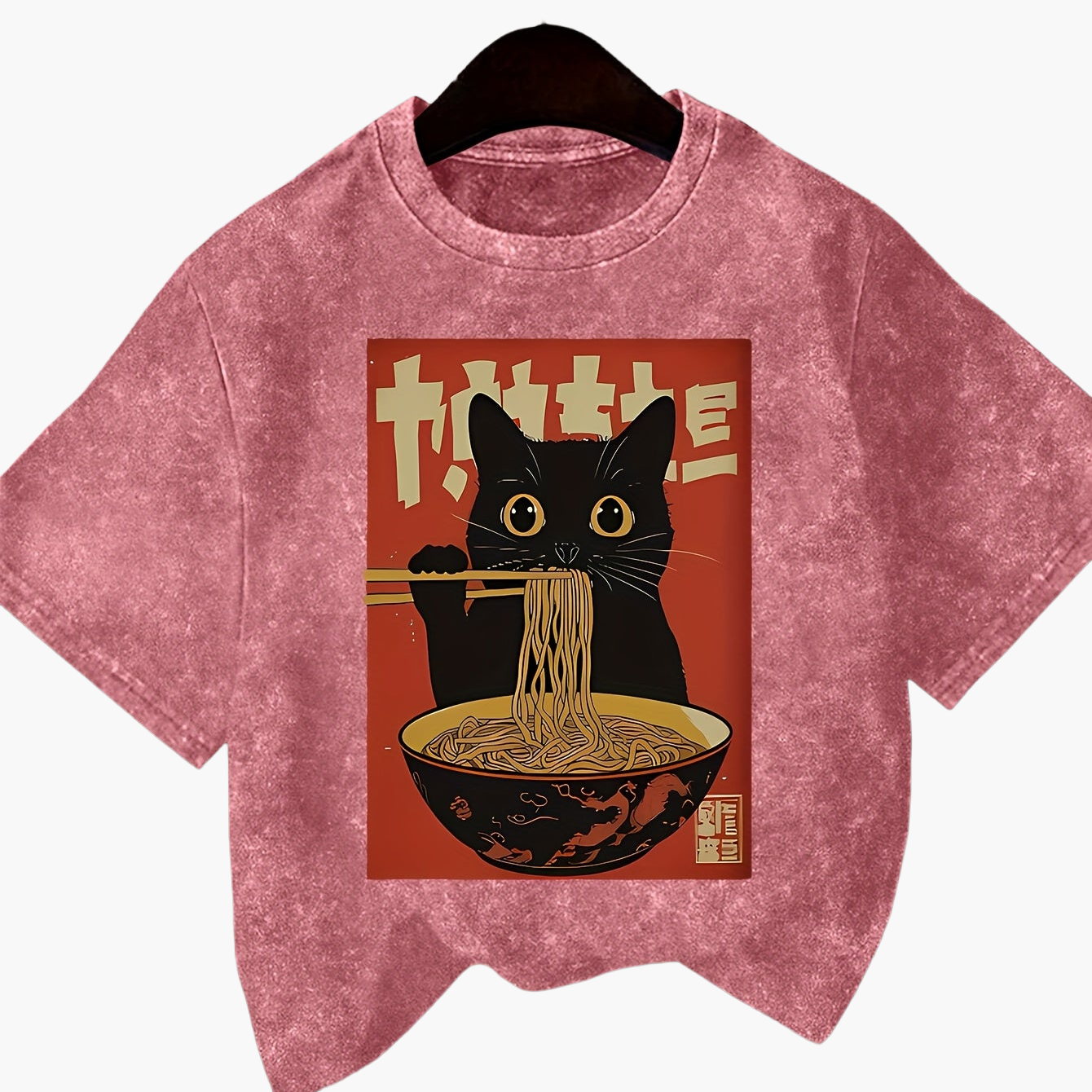 Damen Vintage T-Shirt mit Katzen- und Ramen-Print – Lustiges Streetwear Shirt für Alltag & Freizeit