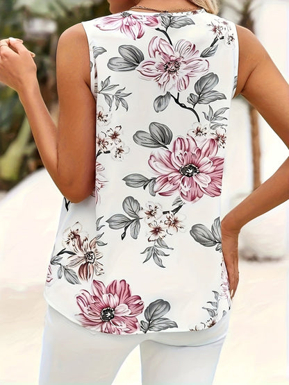 Damen Elegantes Ärmelloses Blusentop mit Blumenmuster und V-Ausschnitt – Perfekt für Sommer und Freizeit