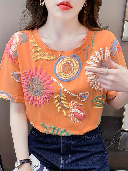 Damen T-Shirt mit bunter Stickerei und floralen Mustern – Sommerliches Freizeitshirt im Boho-Stil
