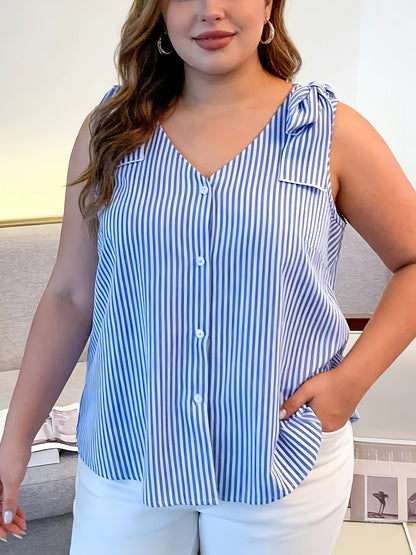 Damen Elegante Ärmellose Bluse mit Streifen und Knopfleiste – Sommer Business Freizeithemd