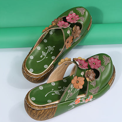 Damen Wedges Mules mit Blumen- und Schmetterlingsdesign – Boho Komfortschuhe