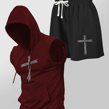 Herren Fitness Set mit Kapuzen-Ärmelloshirt und Shorts mit Kreuz-Print – Sportlicher Streetstyle Zweiteiler