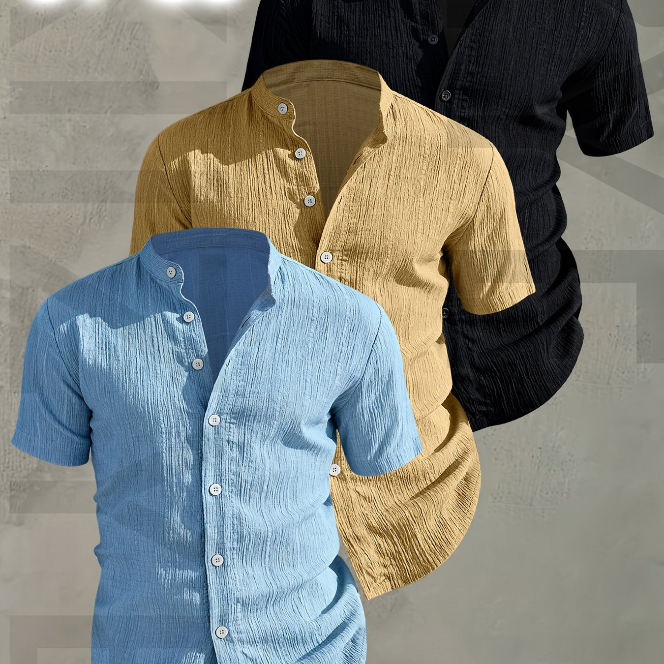 Herren 3er-Pack Freizeithemd mit Stehkragen, Kurzarm, Modernes Design, Knopfleiste