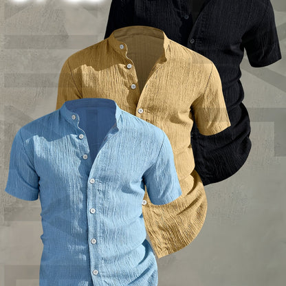 Herren 3er-Pack Freizeithemd mit Stehkragen, Kurzarm, Modernes Design, Knopfleiste