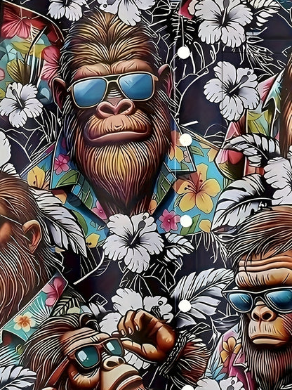 Herren Hawaiihemd mit Gorillamotiv und tropischem Blumenmuster – Lustiges Sommer Freizeithemd