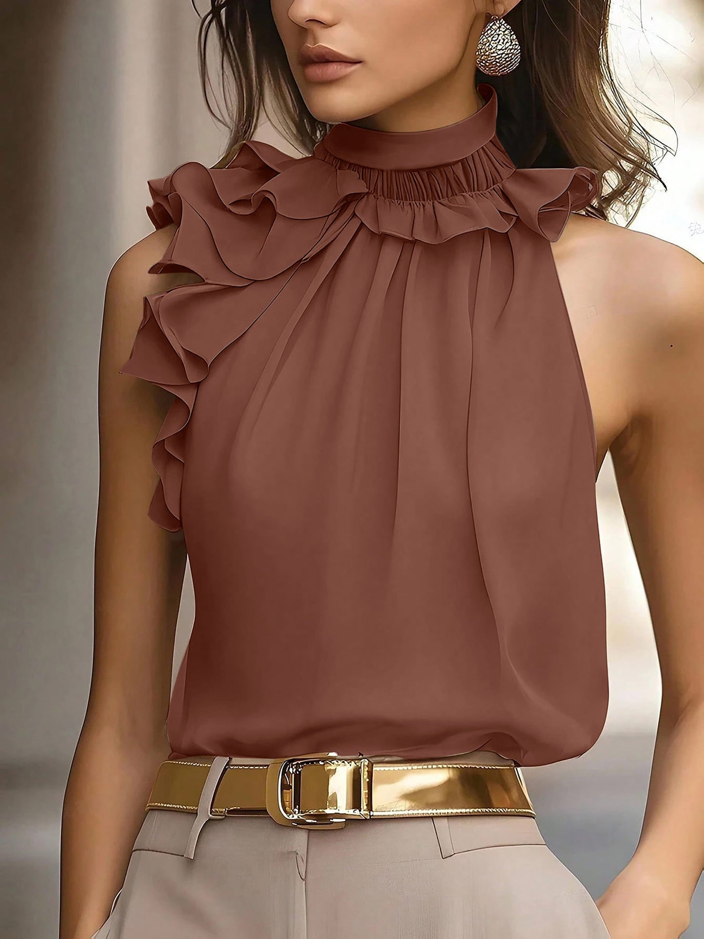 Damen Rüschenbluse mit Stehkragen – Elegante ärmellose Bluse für festliche Anlässe und Büro