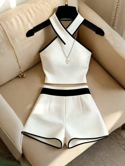 Damen Zweiteiler Set – Modernes, elegantes Top mit Wickelkragen und High-Waist Shorts, modischer Freizeit-Look