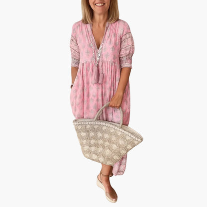 Damen Boho Midi Kleid mit Print und Quasten, Sommer Freizeitkleid, Lockerer Schnitt