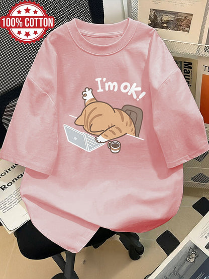Damen Oversize T-Shirt mit lustigem Katzen-Motiv und Spruch "I'm ok!" – Lockeres Streetwear für Alltag & Freizeit