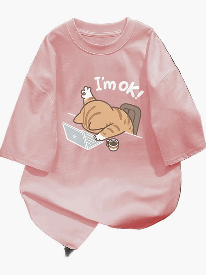 Damen Oversize T-Shirt mit lustigem Katzen-Motiv und Spruch "I'm ok!" – Lockeres Streetwear für Alltag & Freizeit
