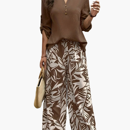 Damen Elegante Sommerhose mit Tropenmuster und Bluse – Perfekt für Freizeit & Urlaub