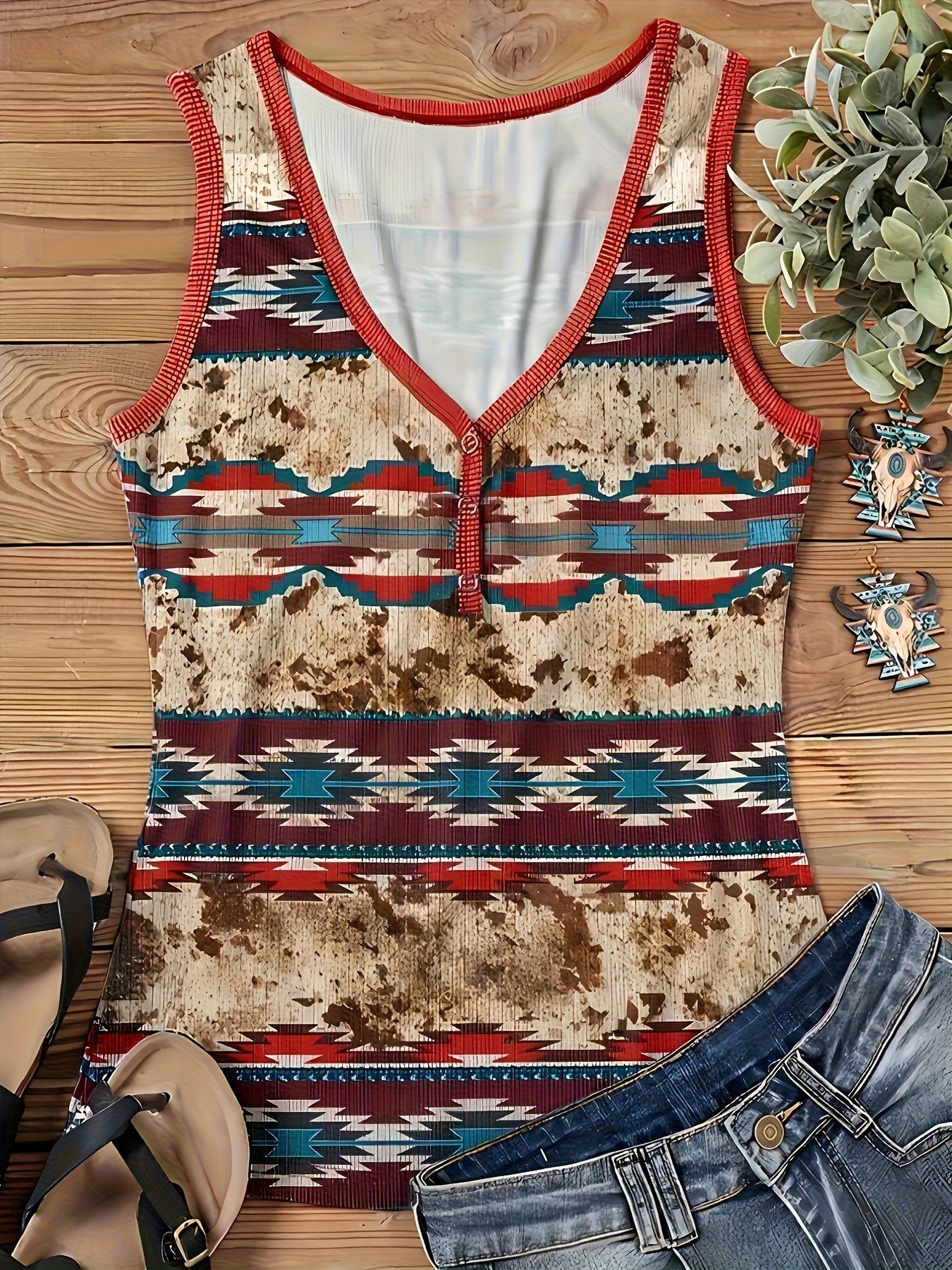 Damen Ethno Tanktop mit Knopfleiste und geometrischem Muster – Modisches Sommer Top im Boho-Style