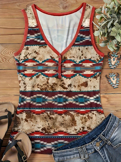 Damen Ethno Tanktop mit Knopfleiste und geometrischem Muster – Modisches Sommer Top im Boho-Style