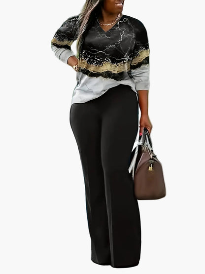 Damen Elegantes Freizeit-Outfit mit Weitbein-Hose und Modernem Print-Oberteil – Perfekt für Alltag und Ausflüge
