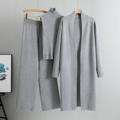 Linda – Strickmode Dreiteiliges Set mit Weste, Cardigan und Weithosen