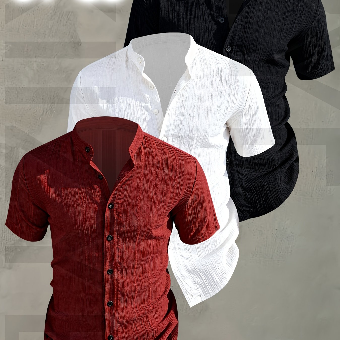 Herren 3er-Pack Freizeithemd mit Stehkragen, Kurzarm, Modernes Design, Knopfleiste