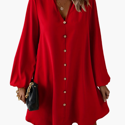 Damen Shirtkleid Elegant Locker Freizeit V-Ausschnitt Knopfleiste