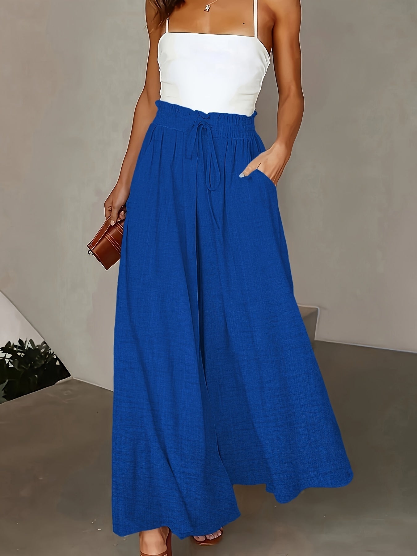Damen Elegante Weite High Waist Palazzo Hose mit Taschen – Perfekt für Alltag und Büro