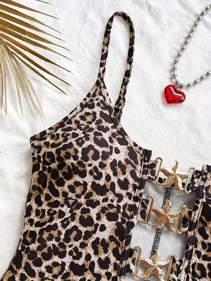 Damen Jumpsuit mit Leopardenmuster und Cut-out Front für Strand und Urlaub
